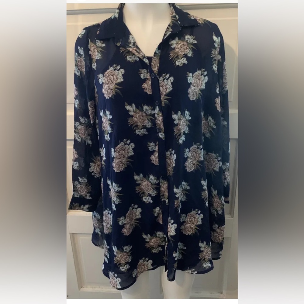 K by Kersh Navy Floral Print Long Sleeve Button Down Shirt Dress MEDIUM